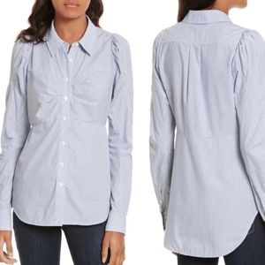 Veronica Beard Canteen Puff Sleeve Blouse Stiped Blue Whute
